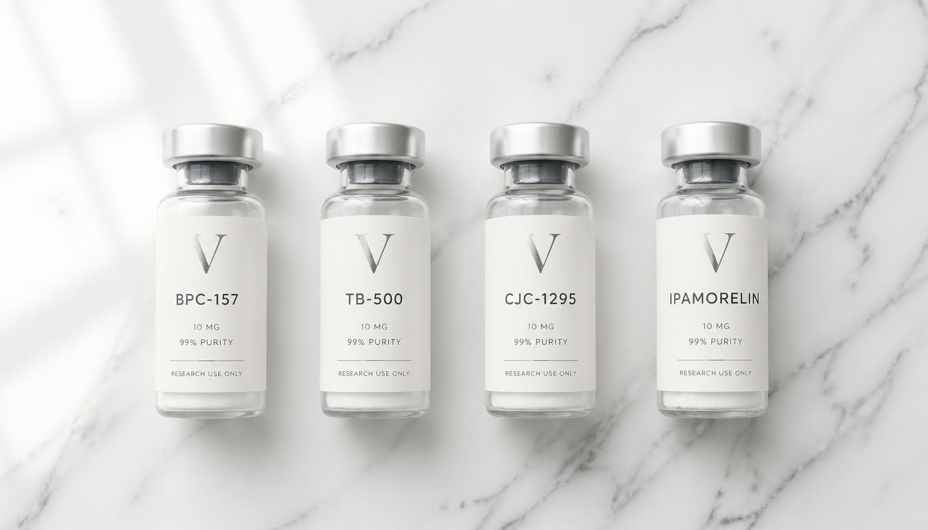VOW Labs peptide kit flatlay showing premium packaging and vials